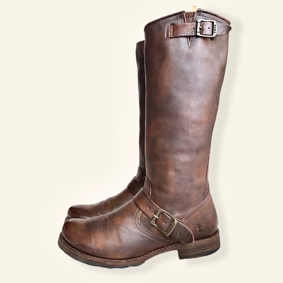 Frye Veronica Slouch Brown Leather Engineer Boots - Picture 8 of 16